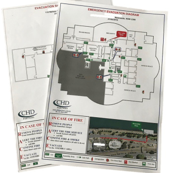 Emergency Preparedness evacuation diagram showing exit routes, fire extinguishers, and assembly areas