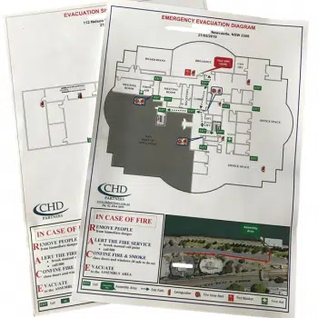 Emergency Preparedness evacuation diagram showing exit routes, fire extinguishers, and assembly areas